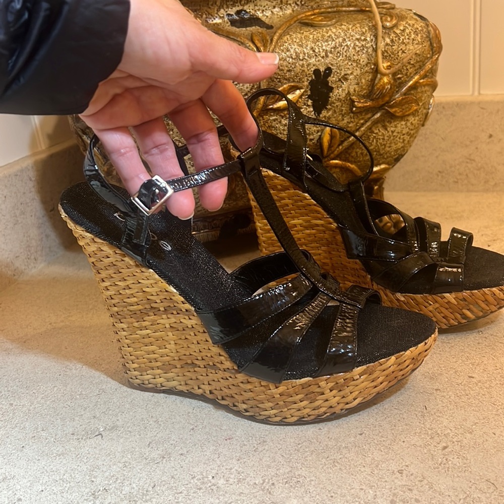 Bebe Platform Black Patent Wedges Y2K